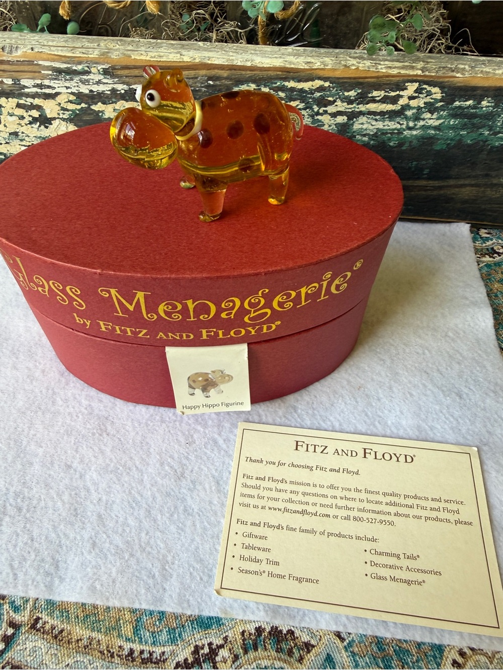 Fitz & Floyd Glass Menagerie Happy Hippo Hand Blown Glass Figurine Boxed